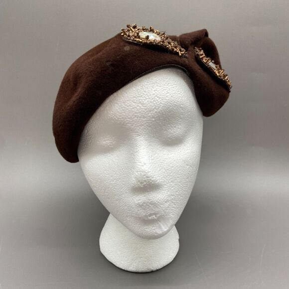 Vintage 1950s Gene Doris Brown Beaded Fur Felt Cocktail Hat Velour Rhinestones - Picture 1 of 14